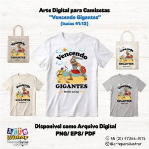Arquivo Digital – Estampa Cristã Infantil "Vencendo Gigantes" Isaías 41:13 (EPS, PDF e PNG)