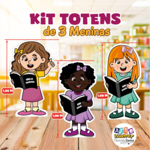 Kit Totens Culto Infantil – 3 Meninas com Bíblia (Arquivo Digital para Imprimir e montar em PDF)